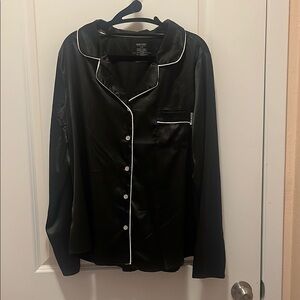 Black Satin Pajama Top and Pants with White Piping